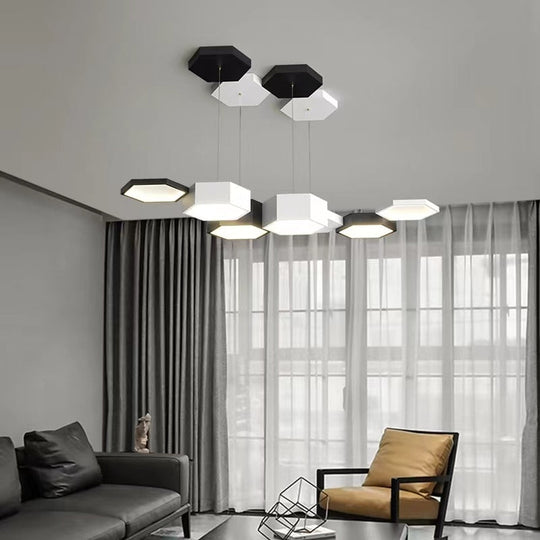 Modern Black White Pendant Lamp Geometric Polygon Led Chandelier Dining Table Living Room Bar