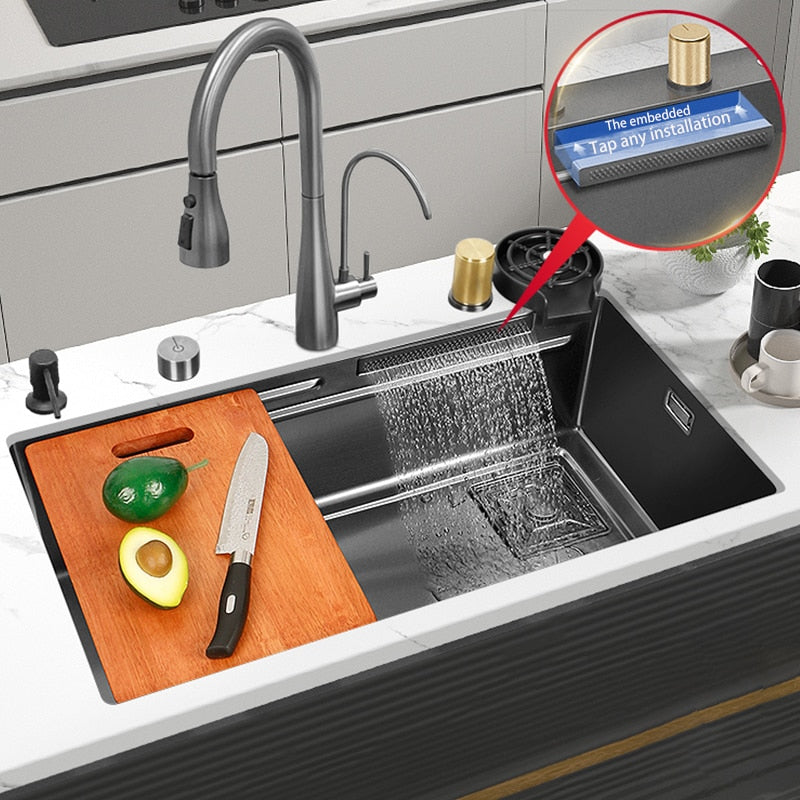 Black Nano Kitchen Sink 304 Stainless Steel Waterfall Basin Large Single Bowl With Multifunction