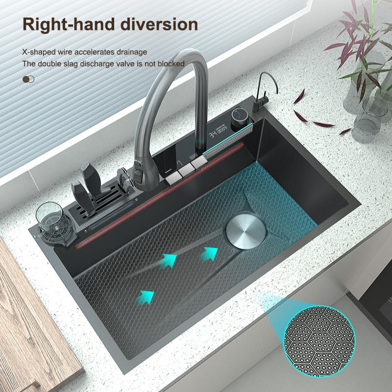 Stainless Steel Waterfall Kitchen Sink Digital Display Embossed Large Single - Slot Multifunctional