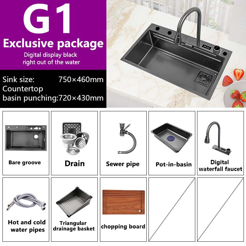 Waterfall Sink Kitchen 304 Stainless Steel Large Single Slot With Multifunction Touch Faucet Above