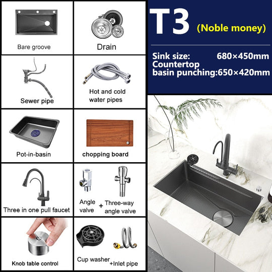 Stainless Steel Embossed Kitchen Sink Large Single Slot Washbasin Multifunctional Washing Basin