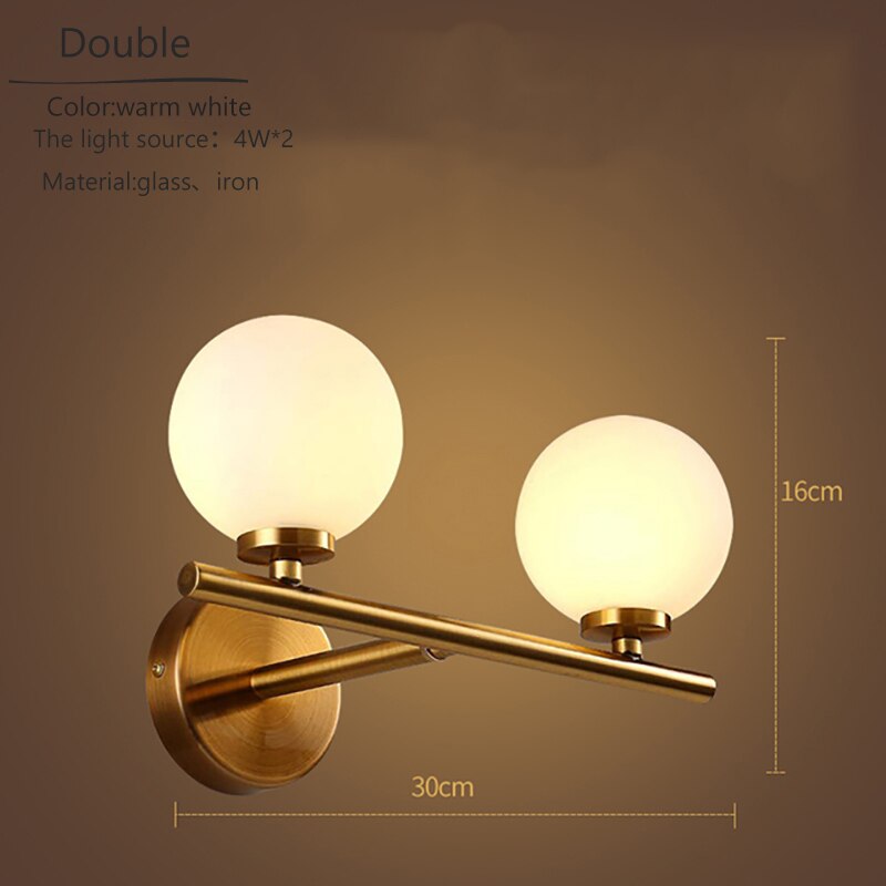 Nordic Gold Wall Lamp Glass Orb Shade Bathroom Bedside Bedroom Hotel Aisle Hallway Lighting Led