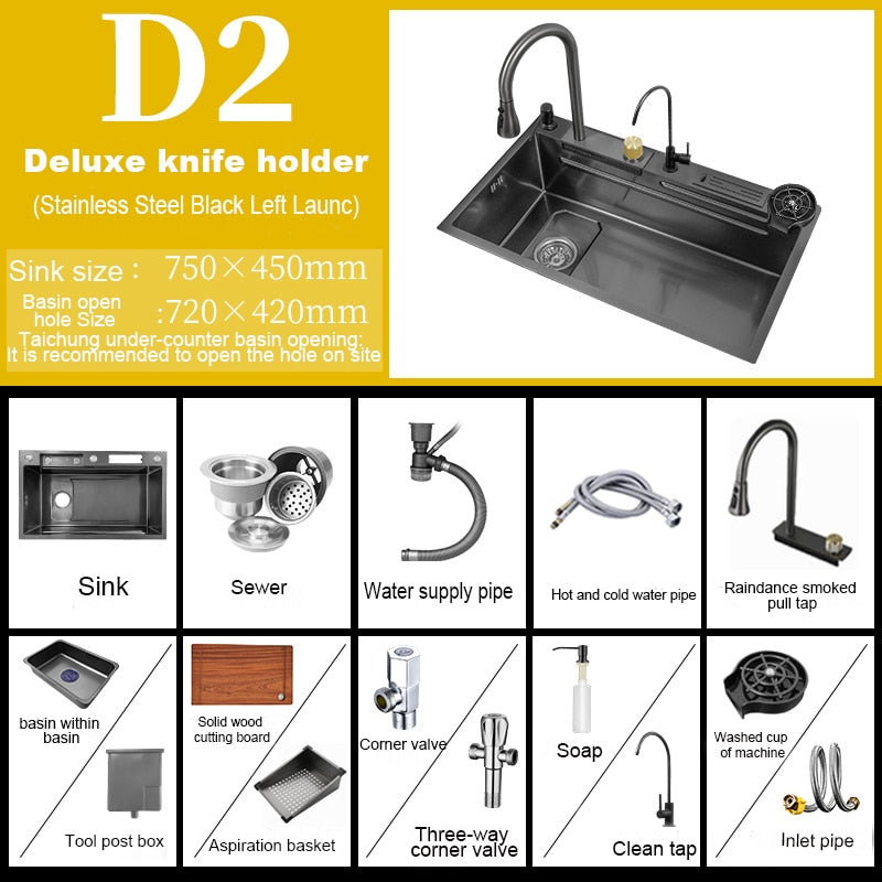 304 Stainless Steel Kitchen Waterfall Sink Digital Display Large Single Dish Basin With