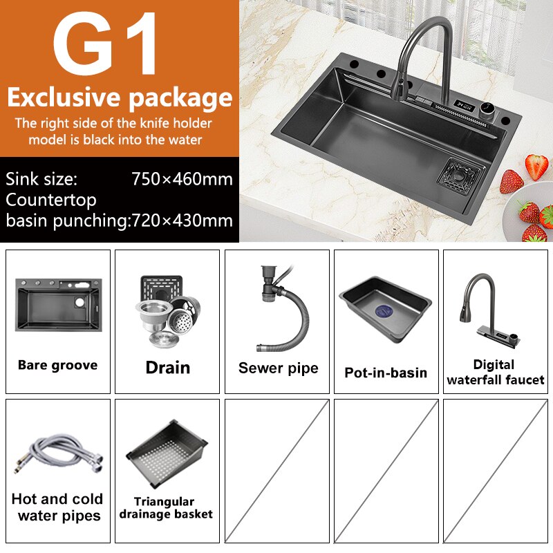 Waterfall Sink Stainless Steel Kitchen Large Single Slot Right Side Down Utensils For Kitchen For