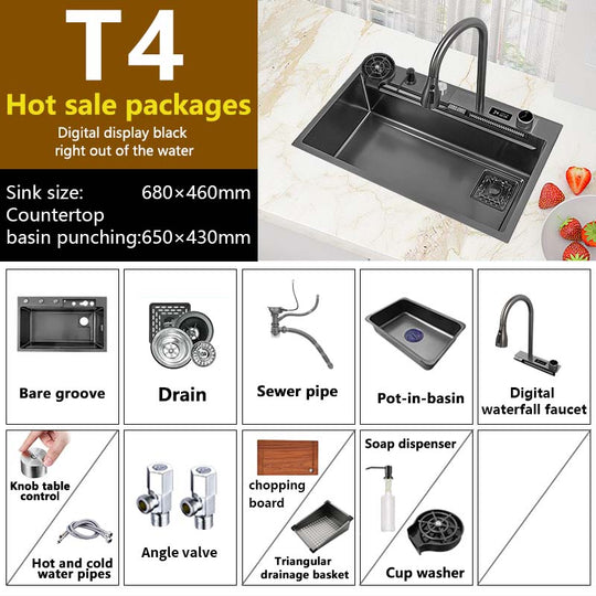 Waterfall Sink Kitchen 304 Stainless Steel Large Single Slot With Multifunction Touch Faucet Above