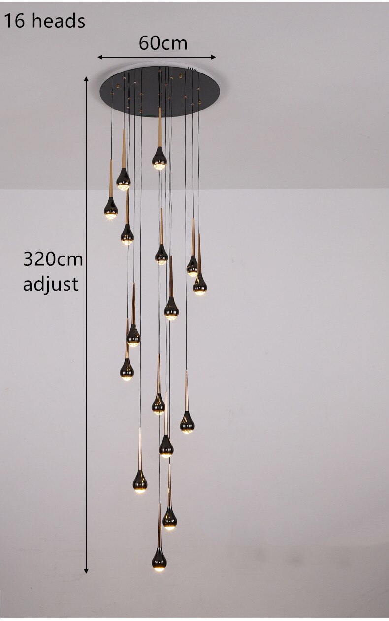 Black Staircase Led Pendant Ligh Modern Living Room Loft Hanging Lamp Villa Hotel Apartment Long
