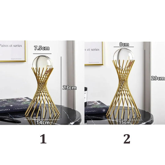 Abstract Shape Crystal Ball Craft Ornament Golden Iron Art Statue Luxury Figurine Decor Glass