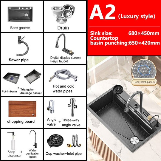 Kitchen Sink Large Single Slot Stainless Steel Waterfall Household Embossed Washing Basin Utensils