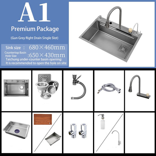 Kitchen Sink Nano 304 Stainless Steel Waterfall Gun Gray Large Single Bowl With Multifunction Touch