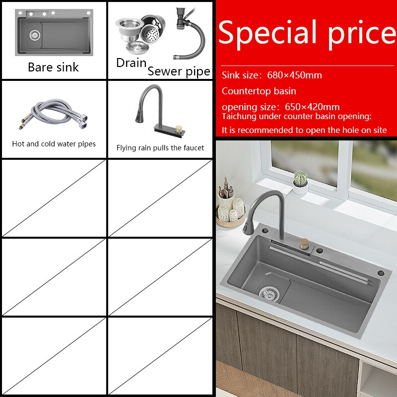 New Grey Nano 304 Stainless Steel Kitchen Sink Waterfall Basin Large Single Slot With Faucet For