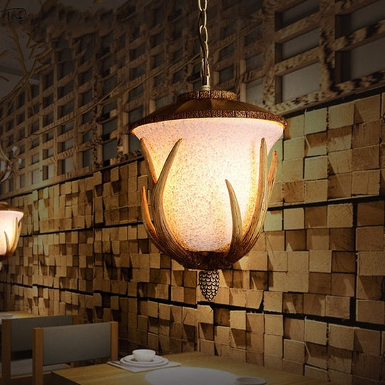 American Country Retro Pine Cone Resin Antler Pendant Light Atmosphere Vintage Hanging Lamp Bedside