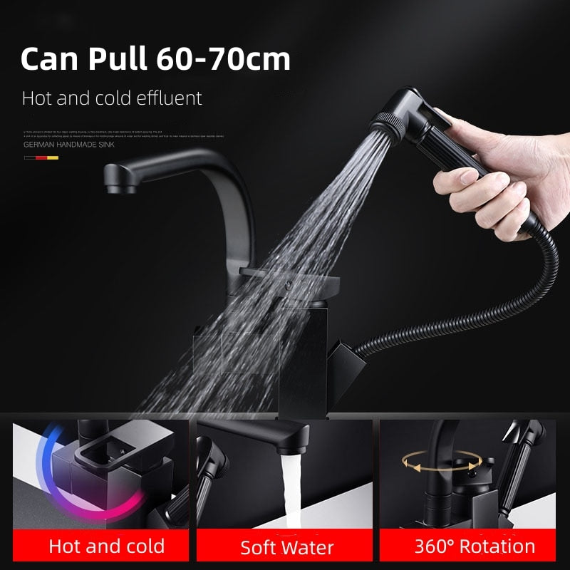 Stainless Steel Pull Out Kitchen Faucet Hot Cold Water Mixer Tap With High Pressure Sprayer 360