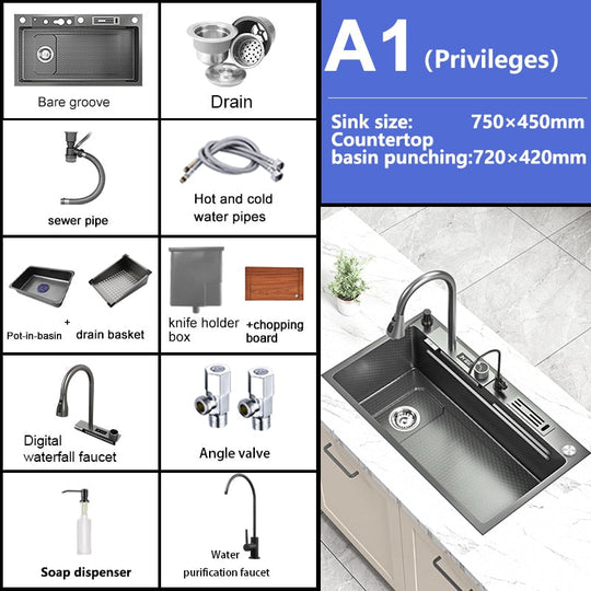 Waterfall Kitchen Sink Stainless Steel Embossed Washbasin Large Single Slot Left Drain