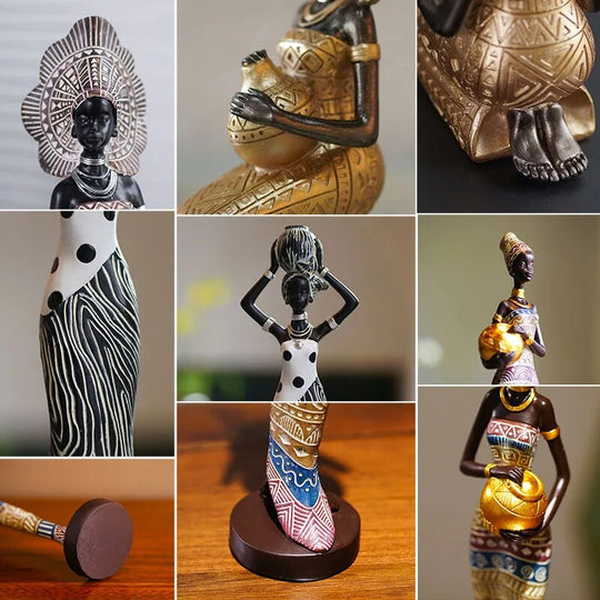 Resin Painted Black Statue Decor Figurines Retro African Women Holding Pottery Pots Home Bedroom