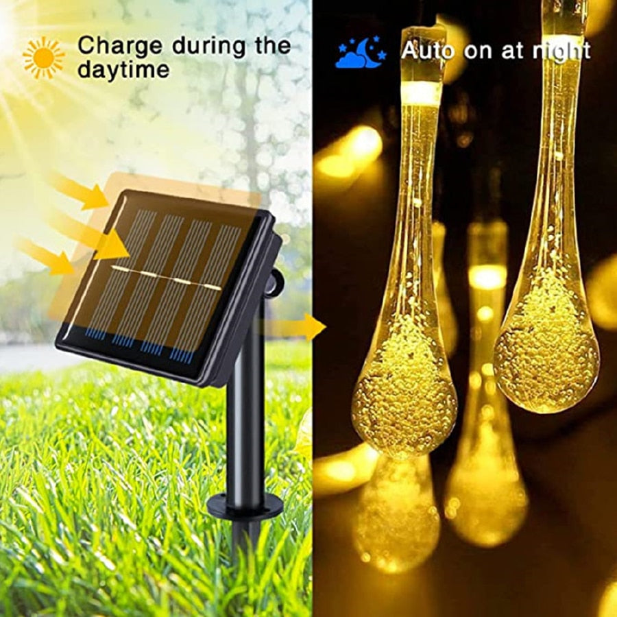 Solar Droplet Bulb String Lights Outdoor Waterproof Decoration Garland Fariy Christmas Wedding