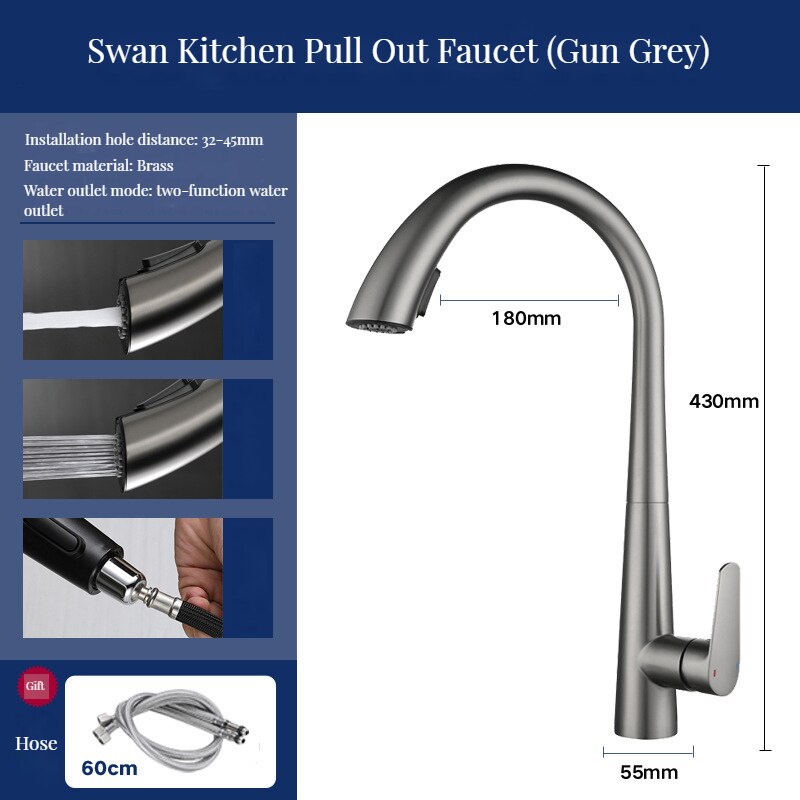 Brass Kitchen Faucets Pull Out Spout Mixer Taps Hot Cold Water Accessories Deck Mounted Stream