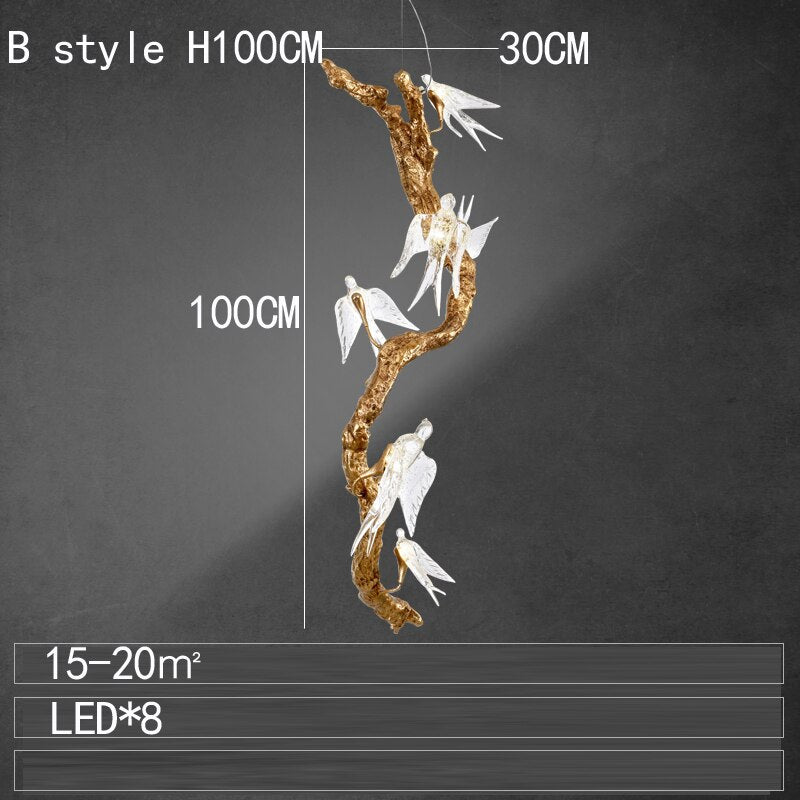 Branches Copper Chandelier Lustre Hanging Lamps For Ceiling Modern Suspension Bird Crystal