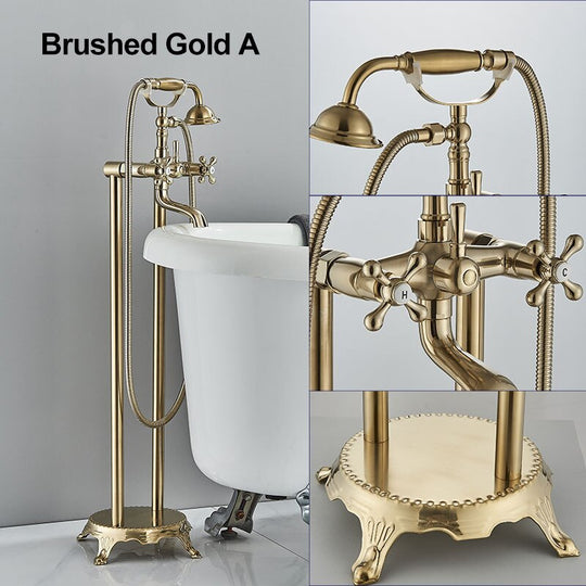 Gold Bathtub Shower Faucet Deck Mount Dual Tube Hot Cold Mixer Systems With Rainfall Handheld Floor