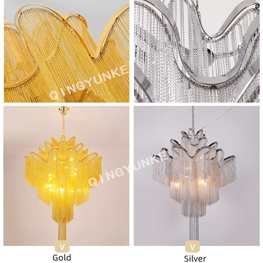 Aluminium Chain Chandelier Fringed Pendant Lamp Luxury Stair Silver Gold Ceiling Light For Home