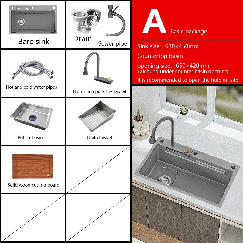 New Grey Nano 304 Stainless Steel Kitchen Sink Waterfall Basin Large Single Slot With Faucet For