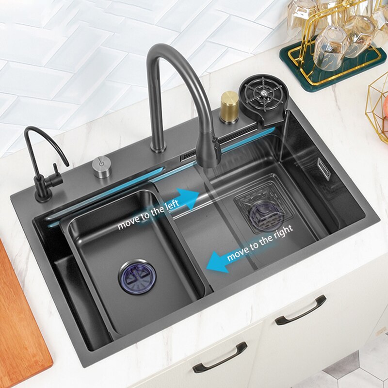 Black Nano Kitchen Sink 304 Stainless Steel Waterfall Basin Large Single Bowl With Multifunction