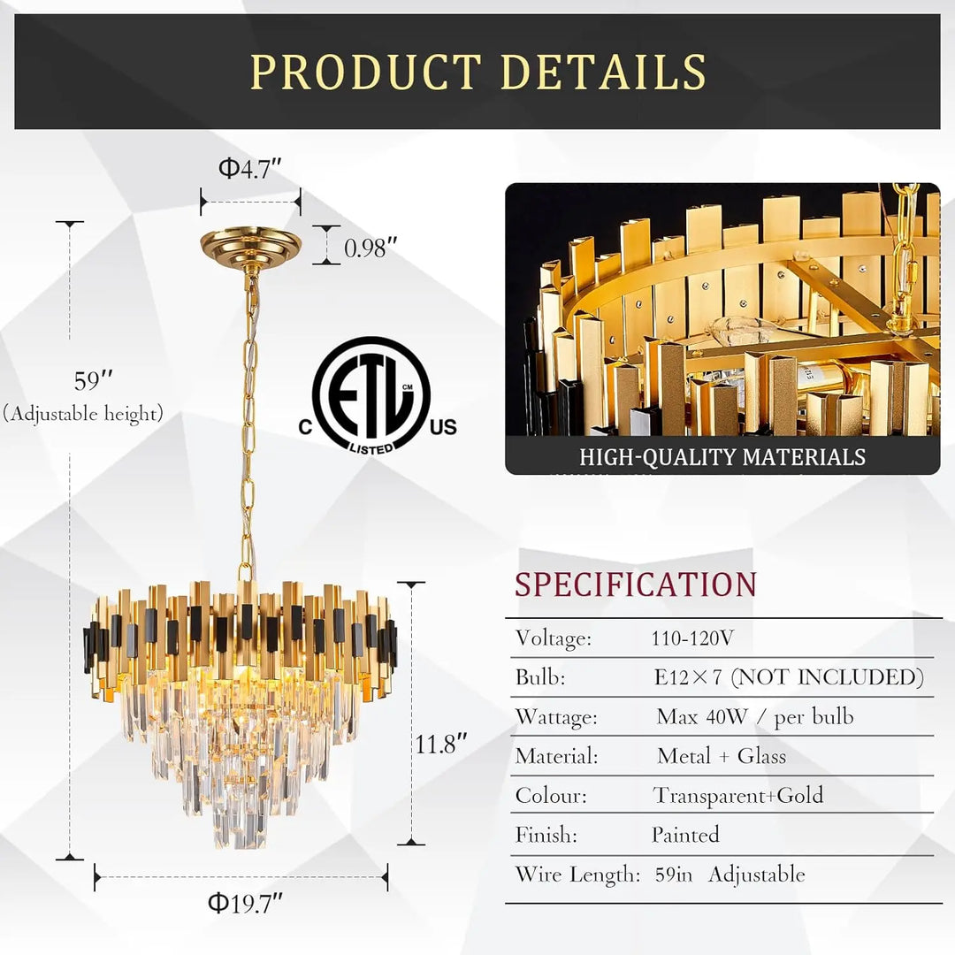 Crystal Chandeliers Black And Gold Large 20” Round Chandelier For Dining Room Luxury Ceiling