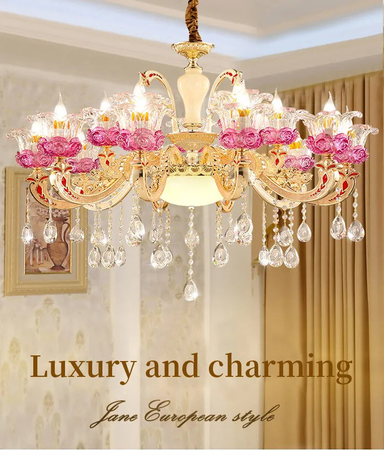 Luxurious European Crystal Flower Chandelier - French Villa Style Candle Lighting For Living And