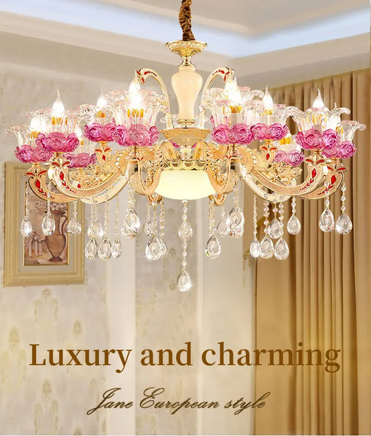 Luxurious European Crystal Flower Chandelier - French Villa Style Candle Lighting For Living And