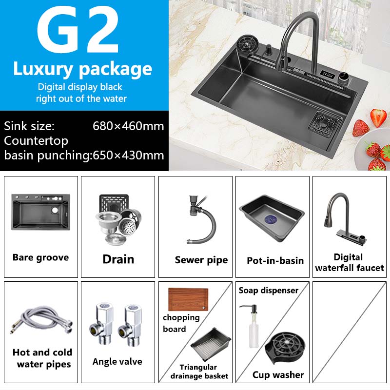 Waterfall Sink Kitchen 304 Stainless Steel Large Single Slot With Multifunction Touch Faucet Above