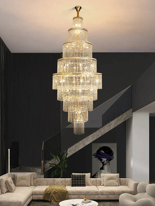 Opulent Large Golden Crystal Chandelier - Elevate Your High Ceiling Spaces Chandelier