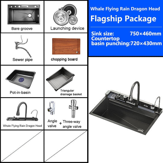 Waterfall Sink Basin Large Single Slot Digital Display 304 Stainless Steel With Faucet For Kitchen