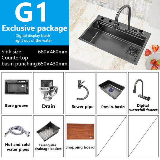Waterfall Sink Kitchen 304 Stainless Steel Large Single Slot With Multifunction Touch Faucet Above