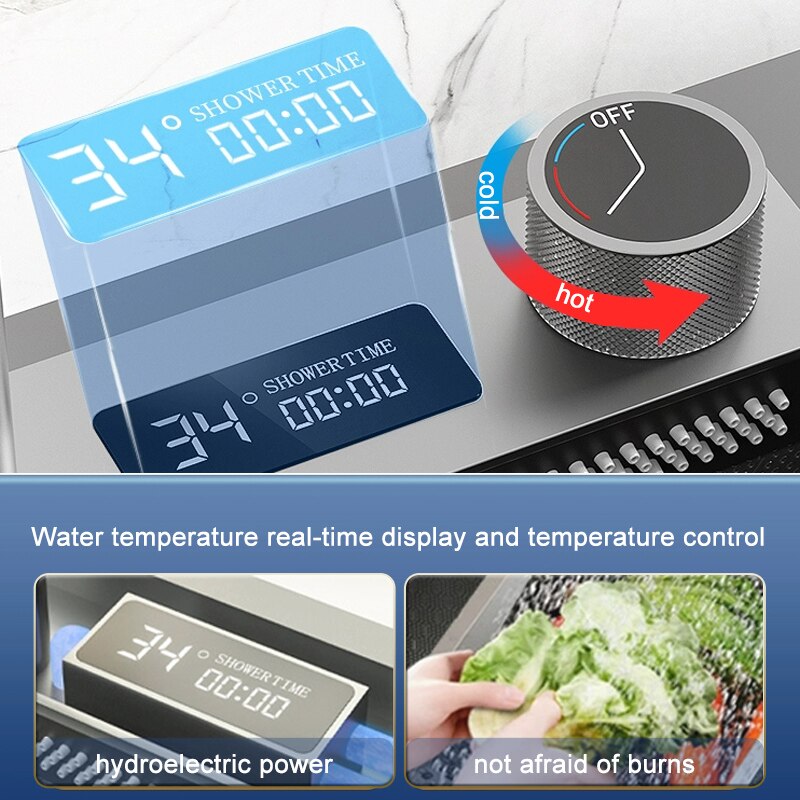 Stainless Steel Kitchen Sink Digital Display Embossed Waterfall Sink Large Single Slot