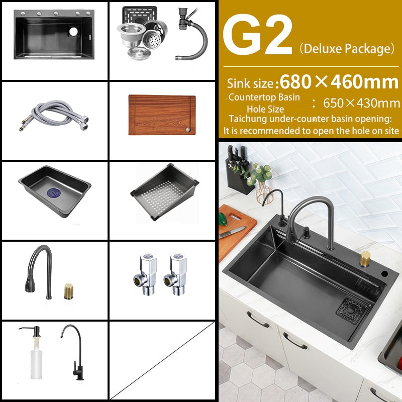 Black Nano Kitchen Sink 304 Stainless Steel Waterfall Basin Large Single Bowl With Multifunction