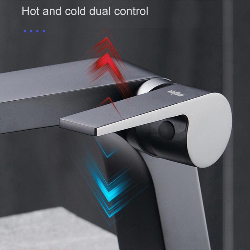 Gun Grey Basin Faucet Brass Bathroom Waterfall Hot And Cold Water Mixer Tap Single Handle Crane
