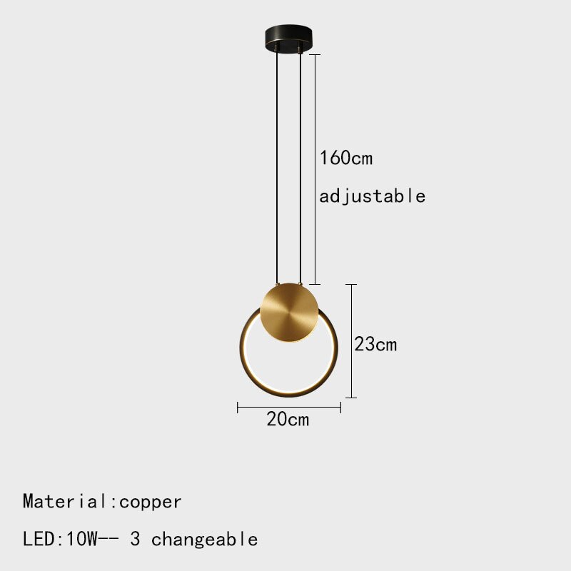 Minimalist Led Pendant Lights Copper Ring Bedsdie Foyer Aisle Lighting Fixtures Adjustable Wire