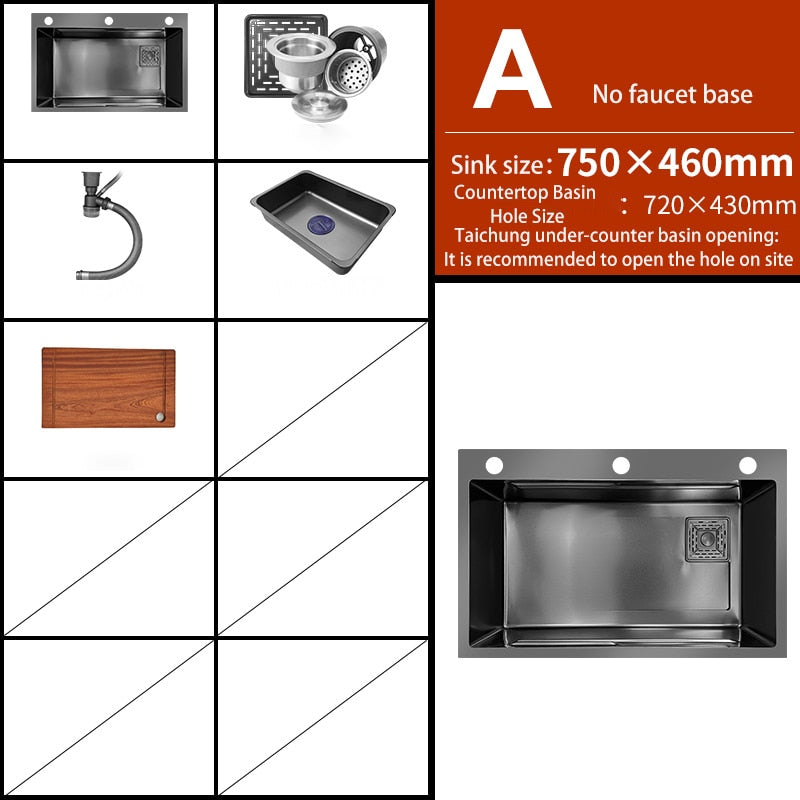 Black Nano Kitchen Sink 304 Stainless Steel Waterfall Basin Large Single Bowl With Multifunction