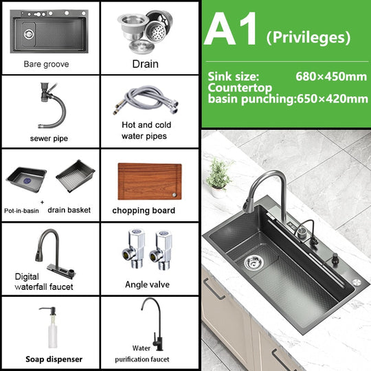 Waterfall Kitchen Sink Stainless Steel Embossed Washbasin Large Single Slot Left Drain