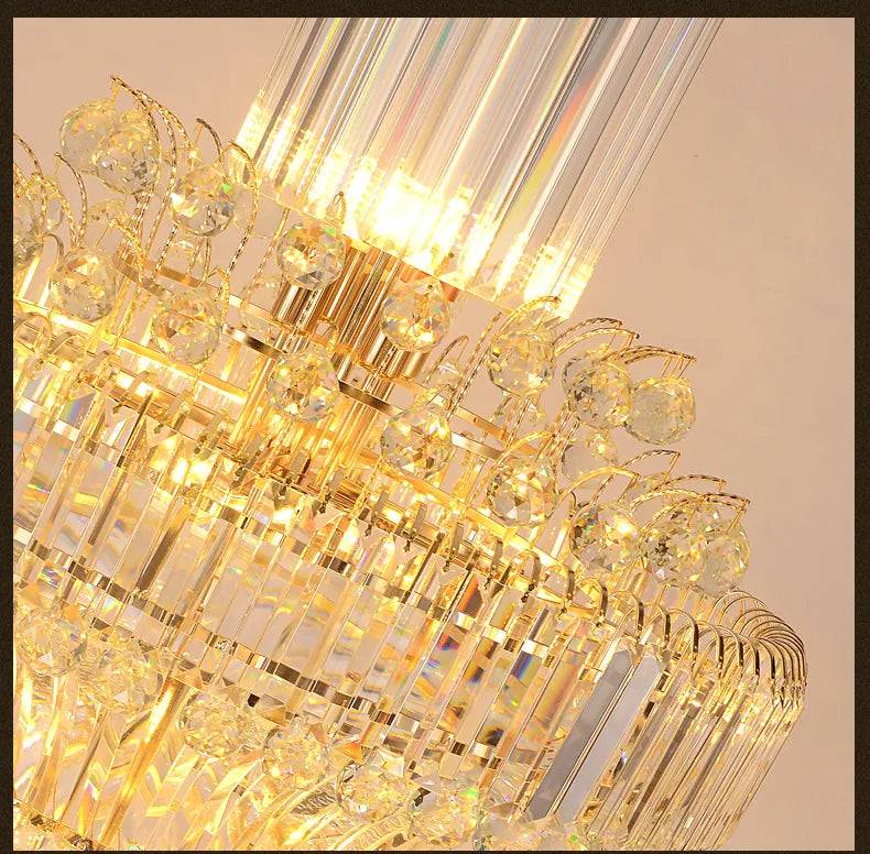 French Style Crystal Glass Pendant Lights Living Room Round Gold High Ceiling Hanging Lamp Home Led