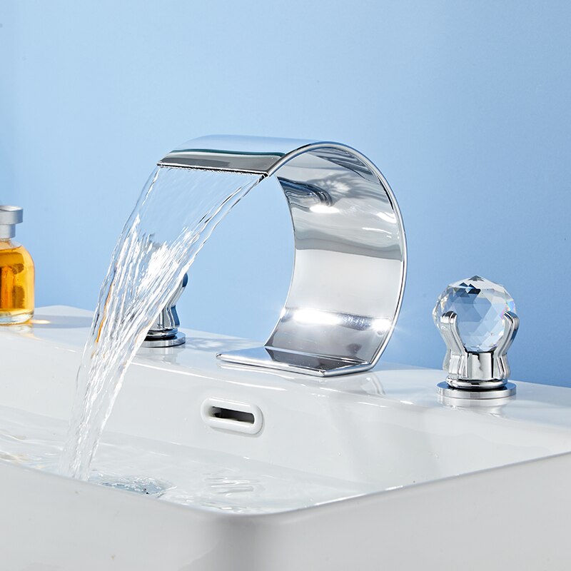 Bathroom Basin Faucet With Crystal Ball Switch Waterfall Faucets Hot Cold Water Mixer Tap Set Dual