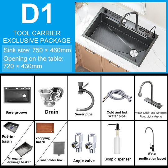Digital Display Waterfall Sink Embossed Stainless Steel Kitchen Large Single Bowl Black Washbasin