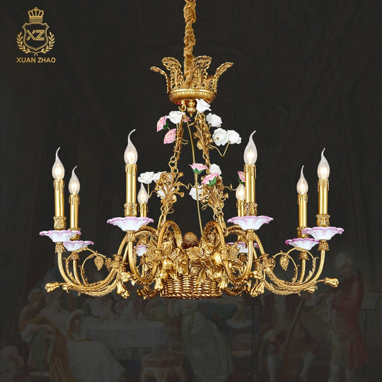 6/8/15 Lights French Pastoral Copper Flower Basket Chandelier European Style Classic Living Dining