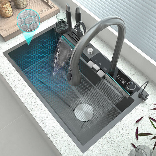 Stainless Steel Waterfall Kitchen Sink Digital Display Embossed Large Single - Slot Multifunctional