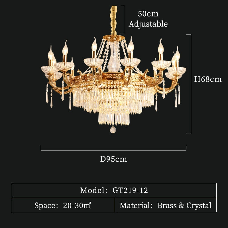 European Elegant Round Clear Crystal Lamp Luxury Foyer Vintage Brass Chandelier Pendant Lighting
