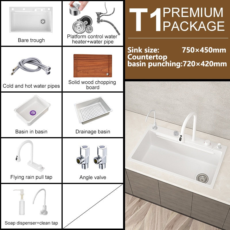 Waterfall Kitchen Sink White Large Single Slot Nano 304 Stainless Steel Sink With Faucet For
