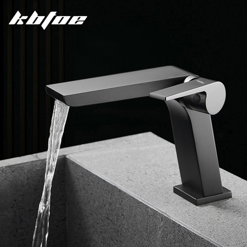 Gun Grey Basin Faucet Brass Bathroom Waterfall Hot And Cold Water Mixer Tap Single Handle Crane