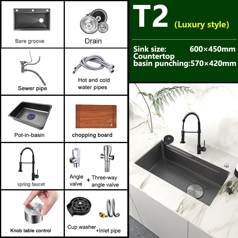 Stainless Steel Embossed Kitchen Sink Large Single Slot Washbasin Multifunctional Washing Basin