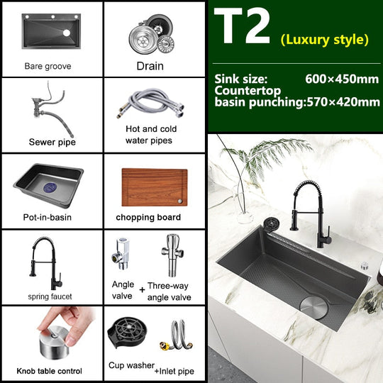 Stainless Steel Embossed Kitchen Sink Large Single Slot Washbasin Multifunctional Washing Basin