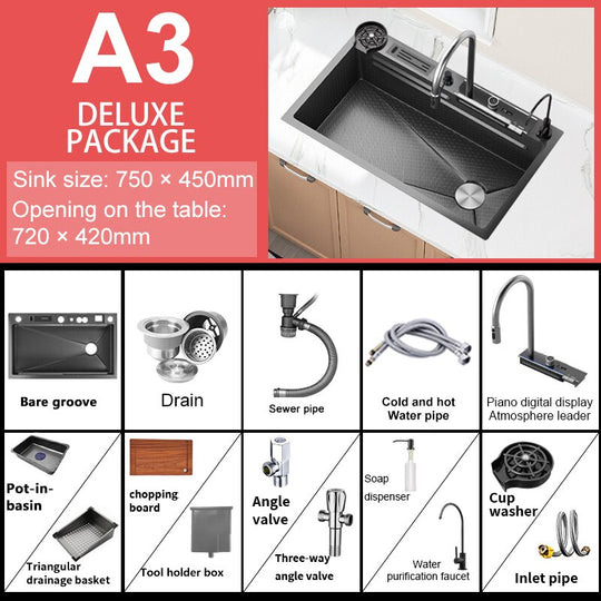 Digital Display Waterfall Sink Embossed Stainless Steel Kitchen Large Single Bowl Black Washbasin