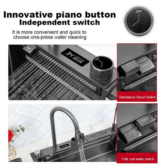 304 Stainless Steel Kitchen Waterfall Sink Digital Display Large Single Dish Basin With